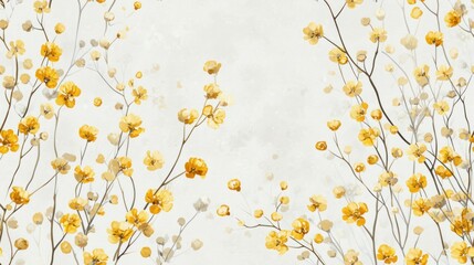  a painting of a bunch of yellow flowers on a white background with a white sky in the backround.
