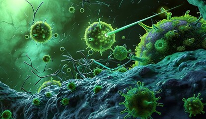 Microscopic battle: detailed visualization of viruses and bacteria interacting with human cells