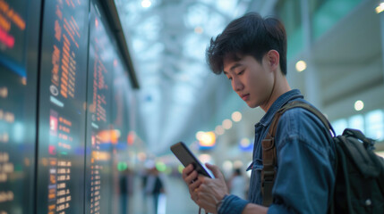 Young asian man in international airport, using mobile smartphone and checking flight at the flight information board, Tourist journey trip concept, generative ai - obrazy, fototapety, plakaty