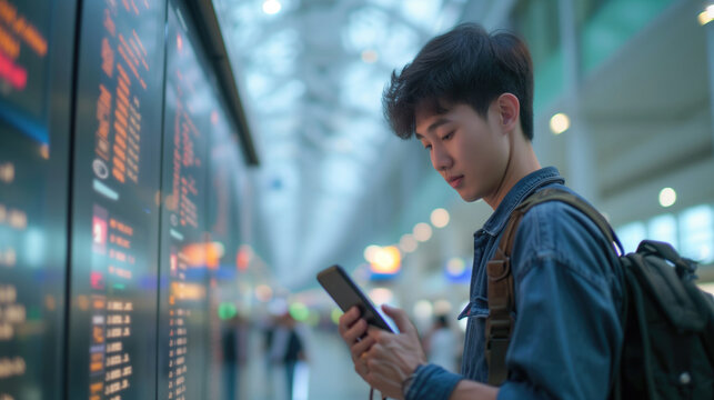 Young asian man in international airport, using mobile smartphone and checking flight at the flight information board, Tourist journey trip concept, generative ai
