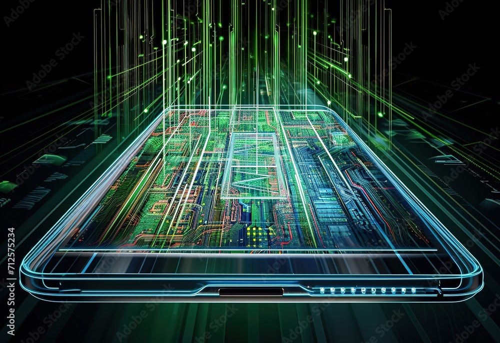Poster a vibrant image of a virtual metropolis appearing on a tablet screen, illustrating advanced technolo