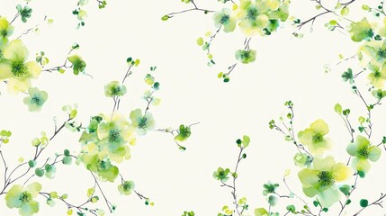  a watercolor painting of green and yellow flowers on a white background with green leaves on the top of the flowers.