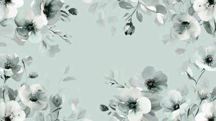  a painting of white and gray flowers on a light blue background with a black and white stripe in the center.