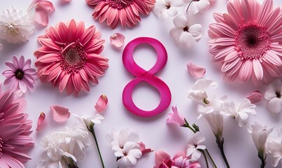Women's Day: beautiful composition of fresh flowers around the number 8