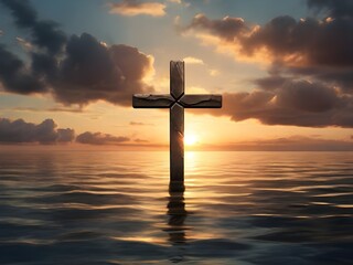 Christian cross stands in the middle of a body of water with a sunset and clouds in the sky in the background. Generative AI