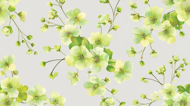  a close up of a bunch of flowers on a white background with green leaves and flowers in the middle of the picture.