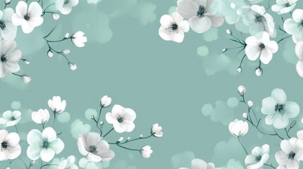 Fototapeta na wymiar a painting of white and blue flowers on a teal background with a place for a text or a picture.