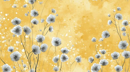  a painting of a bunch of flowers on a yellow background with white and gray flowers on the right side of the frame.