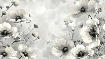 a black and white photo of flowers on a gray and white background with a gray sky in the back ground.