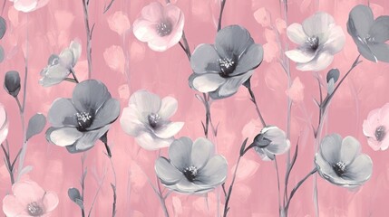  a painting of a bunch of flowers on a pink background with black and white flowers on a light pink background.