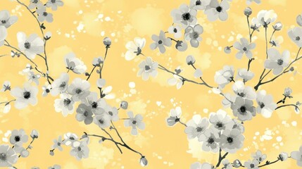  a black and white picture of a tree branch with white flowers on a yellow background with watercolor splashes.