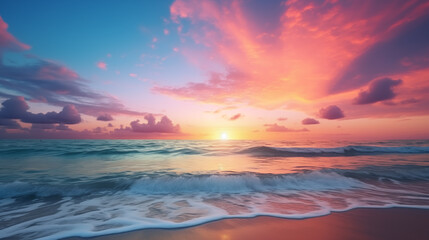 Naklejka na ściany i meble Beautiful sunset on the beach. Panoramic seascape.