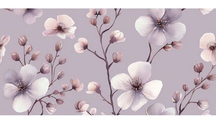 a close up of a wallpaper with flowers on a purple background with a white and pink flower on the left side of the wall.