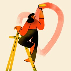 Young lady standing on step ladder and drawing a heart on a wall. Person holding a paint roller. Back view. Cartoon style character. Hand drawn trendy illustration. Print, card, logo, design template - 712576286