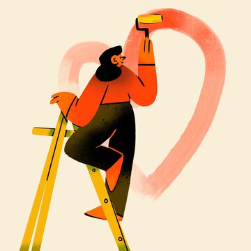 Young lady standing on step ladder and drawing a heart on a wall. Person holding a paint roller. Back view. Cartoon style character. Hand drawn trendy illustration. Print, card, logo, design template