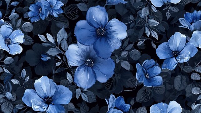  a bunch of blue flowers that are on a black and blue background with leaves and flowers in the middle of the picture.