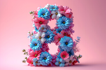 Number 8 made of flowers, colorful and rich pink background. Postcard and layout for International Women's Day.