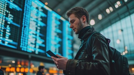 Man in international airport, using mobile smartphone and checking flight at the flight information board, Tourist journey trip concept, generative ai