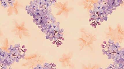  a close up of a pattern of purple flowers on a light pink background with a pink background and purple flowers on a light pink background.