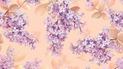  a close up of a bunch of purple flowers on a light pink background with leaves and flowers on a light pink background.