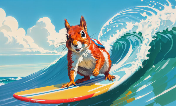 A squirrel is surfing on a yellow surfboard in the middle of a wave. The sky is blue with white clouds and the sun is shining.