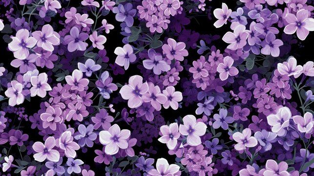  a bunch of purple and white flowers on a black background with purple and white flowers in the middle of the picture.