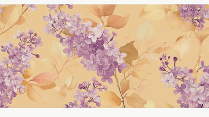 a close up of a wallpaper with purple flowers and leaves on a light yellow background with a white border.
