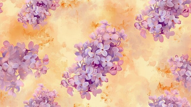  a painting of a bunch of lilacs on a yellow and pink background with a pattern of smaller lilacs on the left side of the image.