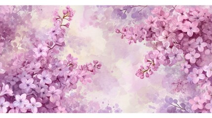  a painting of a bunch of pink flowers on a white and purple background with space for a text or image.