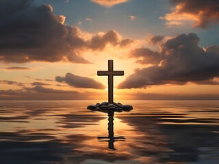Fototapeta na wymiar Christian cross stands in the middle of a body of water with a sunset and clouds in the sky in the background. Generative AI