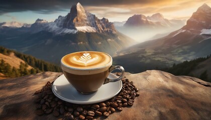 coffee cup on the top of mountain.a technology-themed illustration featuring a visually appealing cup of coffee latte set against the backdrop of majestic mountains.  - obrazy, fototapety, plakaty
