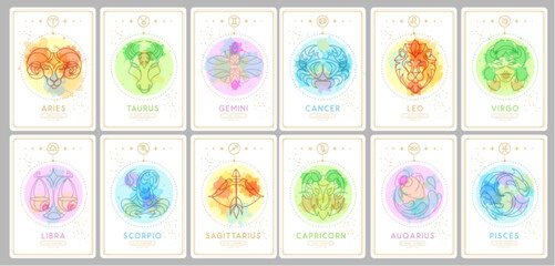 Fototapeta na wymiar Set of Modern magic witchcraft cards with astrology zodiac signs on watercolor background. Zodiac characteristic. Vector illustration