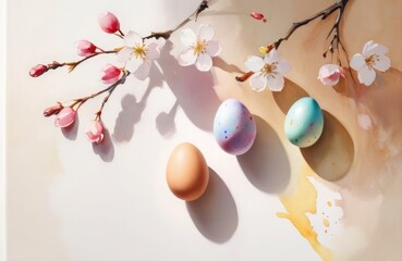colorful easter eggs flowers Stylish minimal Compositions in pastel colors, spring white cherry blossom branch. Top view, flatly, spring concept.
