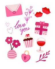 Valentine’s Day element set: envelope, love text, heart shape, cupcake, flowers, gifts, wine, kisses and calligraphy quotes. Perfect for scrapbooking, greeting card, party invitation, gift tags. 