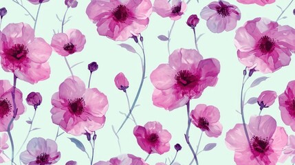  a painting of pink flowers on a light blue background with green leaves and stems in the center of the image. - obrazy, fototapety, plakaty