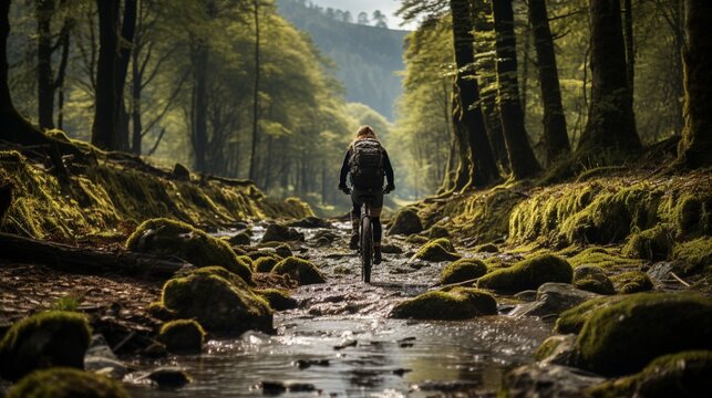 A woman on a mountain bike rides through the summer landscape of mountainous forests.