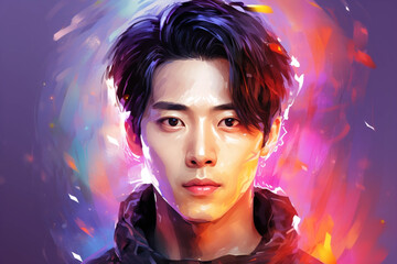 Asian korean young man portrait with digital holografic effect