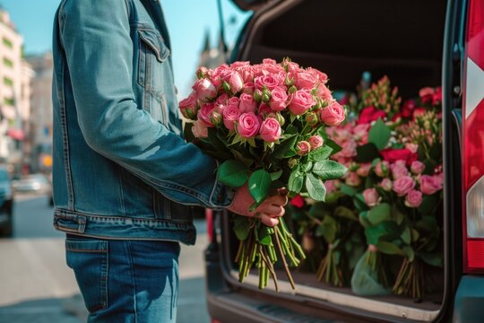 Flowers delivery concept. Man holding bouquets of roses and putting them in the delivery minibus.