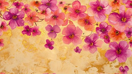  a painting of pink and red flowers on a yellow and pink background with a gold leaf design on the left side of the frame.