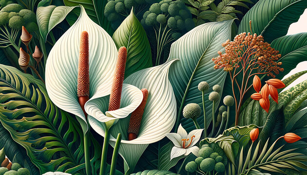 A tropical botanical scene, abundant in various shades of green, featuring a diverse array of foliage and flowers, with a special focus on the iconic Monstera plant. Nature wallpaper background