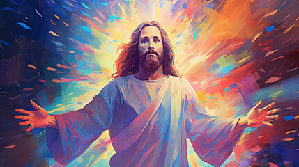 Vibrant and psychedelic portrait of Jesus Christ, a unique and artistic representation. - obrazy, fototapety, plakaty