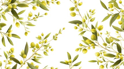  a close up of a bunch of olives on a tree branch with green leaves and buds on a white background.