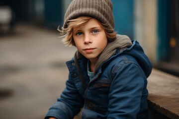 Portrait of a cute little boy with blond hair in a hat and coat.