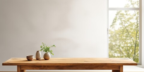Minimalist decor with wooden table & window backdrop.