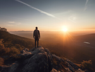 A traveler is looking towards the horizon as the sun rises over a beautiful scenic landscape. The traveler is standing on a cliff.