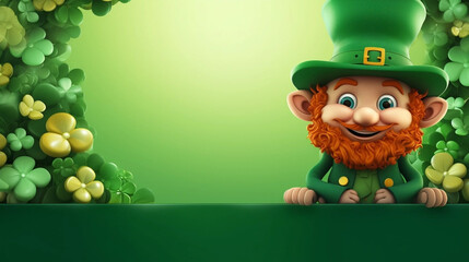 copy space, Happy Saint Patrick's day green frame, leprechaun cartoon, shamrocks clover background. Beautiful mockup for Saint Patrick’s day. Design for greeting card, invitation, poster.