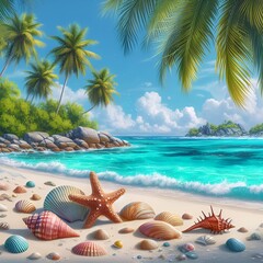 Fototapeta na wymiar Tropical beach with sea star on sand, summer holiday background. Travel and beach vacation