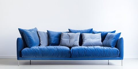 Series of furniture: Blue sofa with pillows, metal legs, white background.