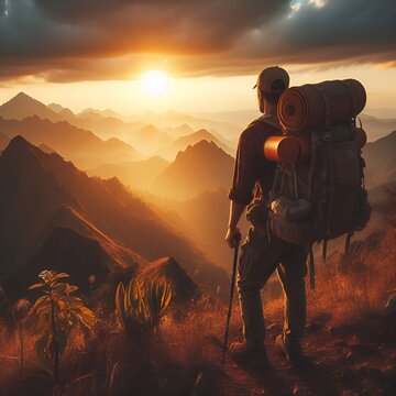 Mountain climber reaching summit, breathtaking panoramic