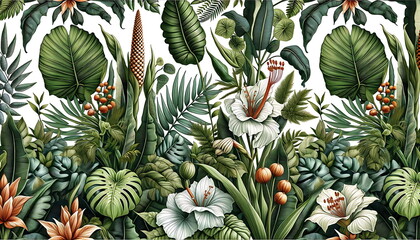 Obraz premium A tropical botanical scene, abundant in various shades of green, featuring a diverse array of foliage and flowers, with a special focus on the iconic Monstera plant. Nature wallpaper background